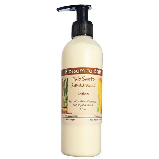 Buy Blossom to Bath Palo Santo Sandalwood Lotion from Flowersong Soap Studio.  Daily moisture  that soaks in quickly made with organic oils and butters that soften and smooth the skin  A journey into the sacred, the exotic tones of this special blend resonate with warm woodiness that adds an uplifting vibration.