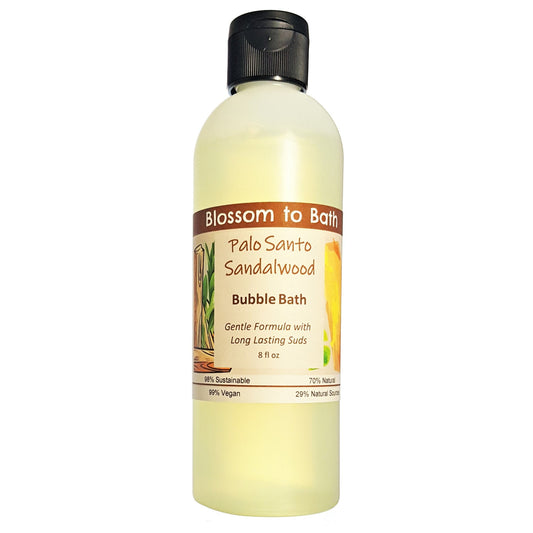 Buy Blossom to Bath Palo Santo Sandalwood Bubble Bath from Flowersong Soap Studio.  Lively, long lasting  bubbles in a gentle plant based formula for maximum relaxation time  A journey into the sacred, the exotic tones of this special blend resonate with warm woodiness that adds an uplifting vibration.