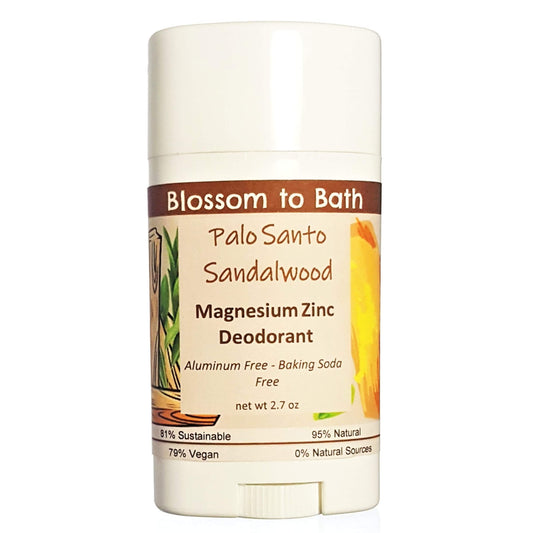 Buy Blossom to Bath Palo Santo Sandalwood Magnesium Zinc Deodorant from Flowersong Soap Studio.  Long lasting protection made from organic botanicals and butters, made without baking soda, tested in the Arizona heat  A journey into the sacred, the exotic tones of this special blend resonate with warm woodiness that adds an uplifting vibration.