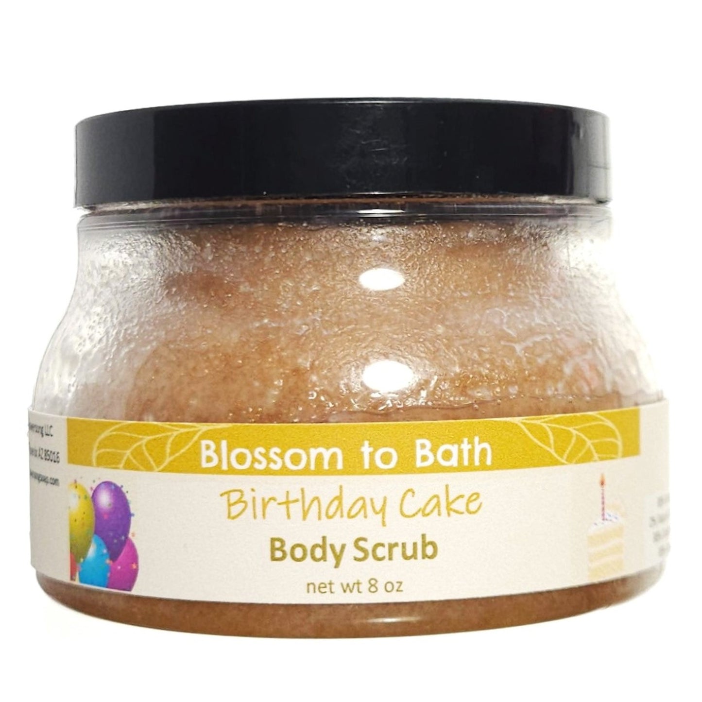 Buy Blossom to Bath Birthday Cake Body Scrub from Flowersong Soap Studio.  Large crystal turbinado sugar plus  rich oils conveniently exfoliate and moisturize in one step  The essence of a vanilla buttercream frosted birthday cake.