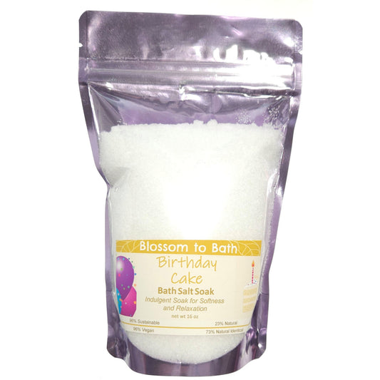 Buy Blossom to Bath Birthday Cake Bath Salt Soak from Flowersong Soap Studio.  Scented epsom salts for a luxurious soaking experience  The essence of a vanilla buttercream frosted birthday cake.