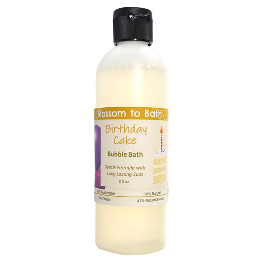 Buy Blossom to Bath Birthday Cake Bubble Bath from Flowersong Soap Studio.  Lively, long lasting  bubbles in a gentle plant based formula for maximum relaxation time  The essence of a vanilla buttercream frosted birthday cake.