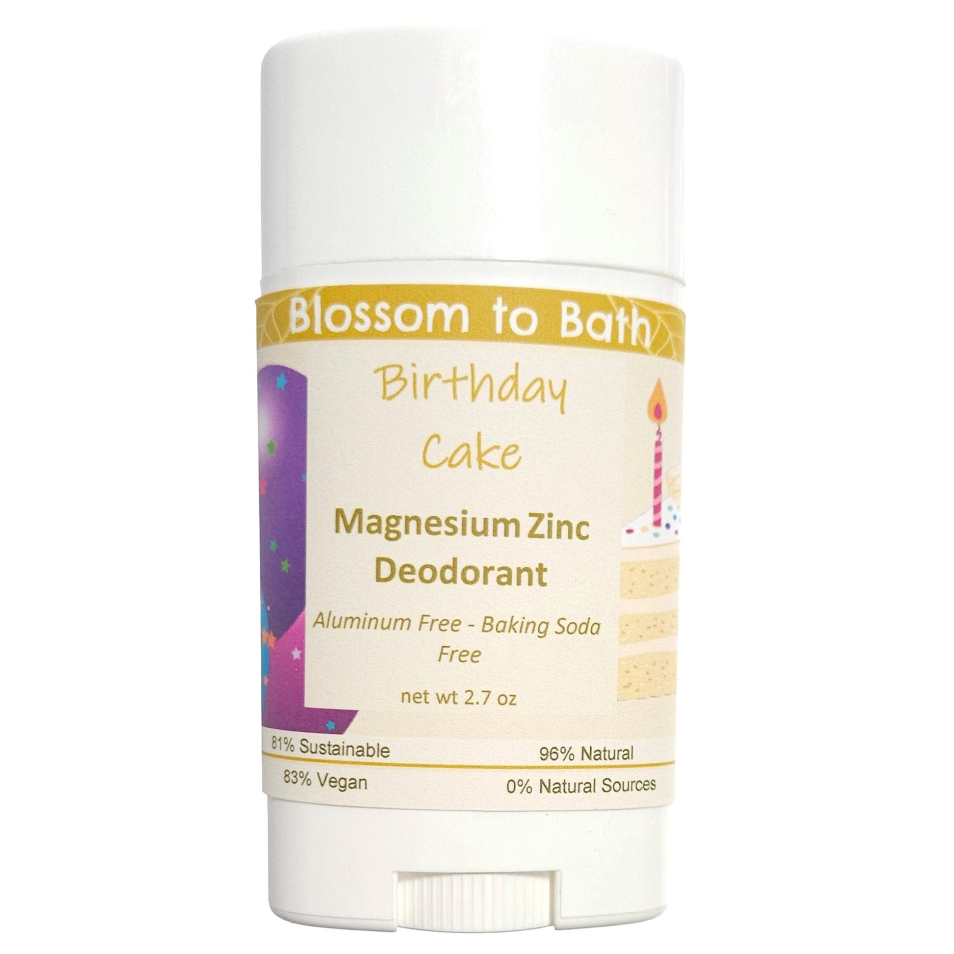 Buy Blossom to Bath Birthday Cake Magnesium Zinc Deodorant from Flowersong Soap Studio.  Long lasting protection made from organic botanicals and butters, made without baking soda, tested in the Arizona heat  The essence of a vanilla buttercream frosted birthday cake.