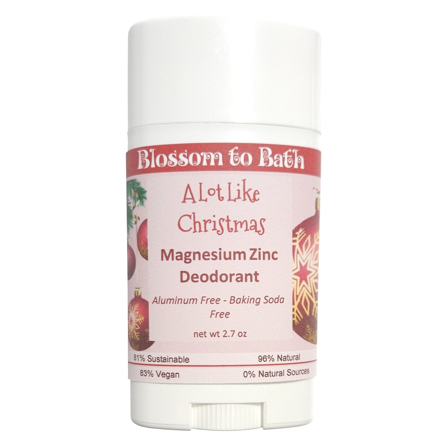 Buy Blossom to Bath A Lot Like Christmas Magnesium Zinc Deodorant from Flowersong Soap Studio.  Long lasting protection made from organic botanicals and butters, made without baking soda, tested in the Arizona heat  Find the holiday mood in an instant with this spicy sweet fragrance.