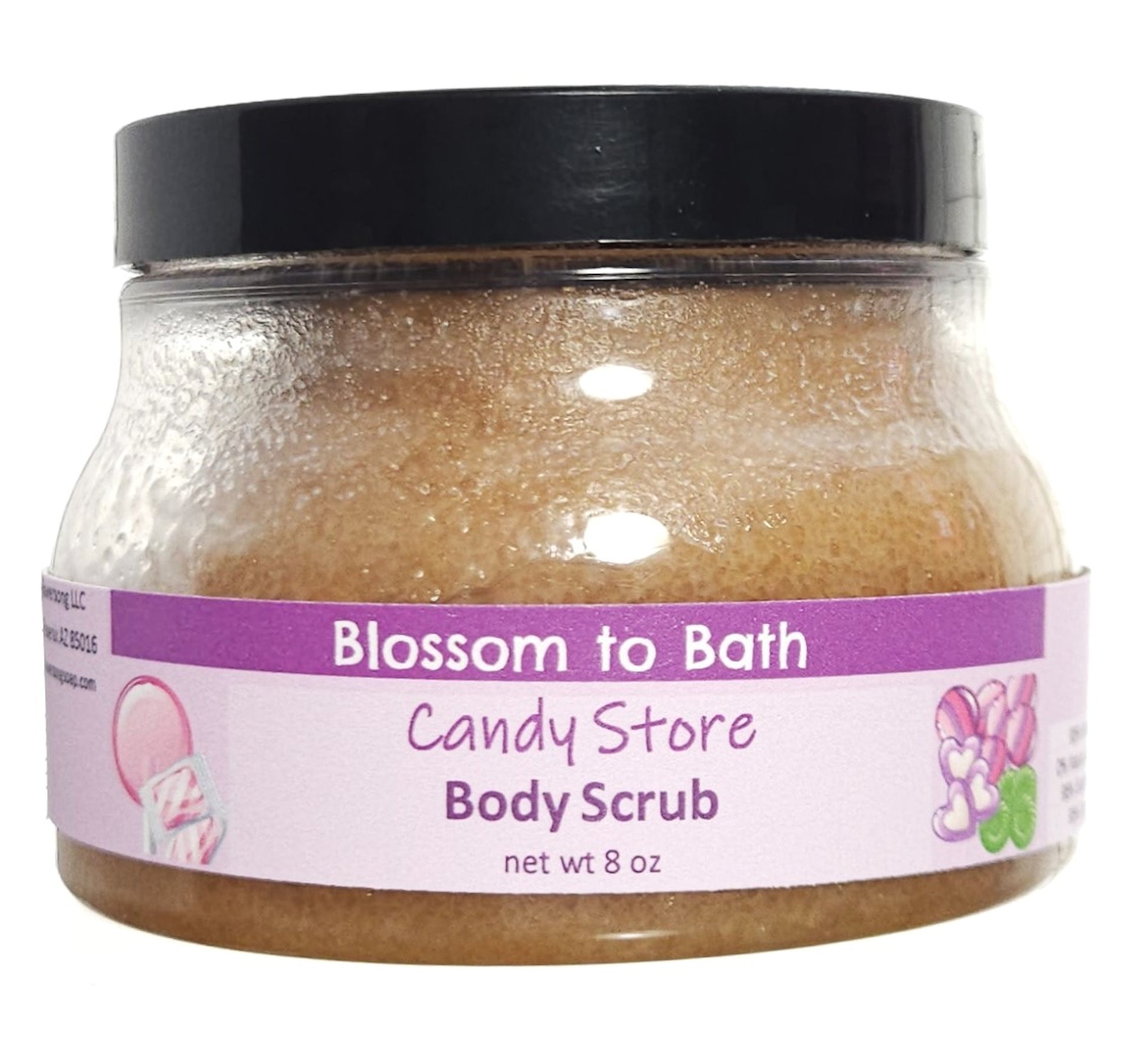 Buy Blossom to Bath Candy Store Body Scrub from Flowersong Soap Studio.  Large crystal turbinado sugar plus  rich oils conveniently exfoliate and moisturize in one step  A nostalgic fragrance has pops of sweet fruity bubbles on a bed of spun sugar and vanilla bean.