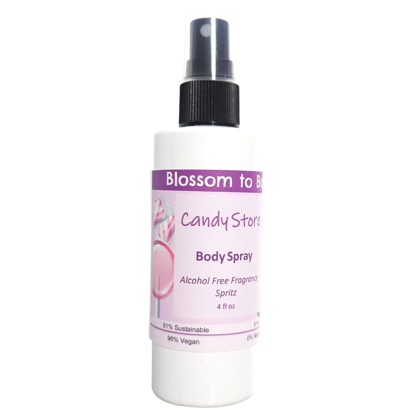 Buy Blossom to Bath Candy Store Body Spray from Flowersong Soap Studio.  Natural  freshening of skin, linens, or air  A nostalgic fragrance has pops of sweet fruity bubbles on a bed of spun sugar and vanilla bean.