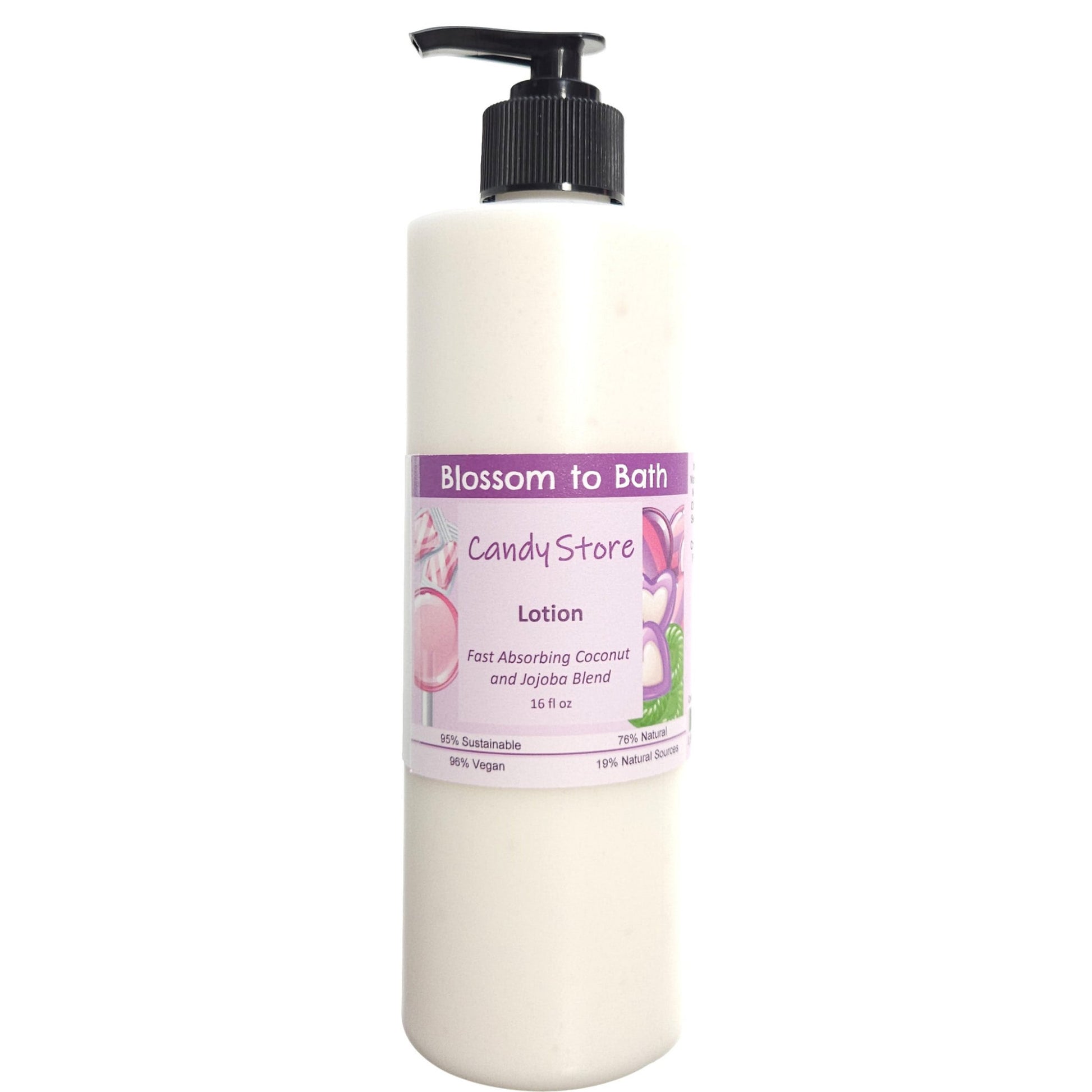 Buy Blossom to Bath Candy Store Lotion from Flowersong Soap Studio.  Daily moisture luxury that soaks in quickly made with organic oils and butters that soften and smooth the skin  A nostalgic fragrance has pops of sweet fruity bubbles on a bed of spun sugar and vanilla bean.