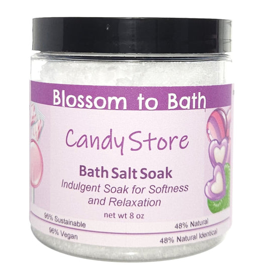 Buy Blossom to Bath Candy Store Bath Salt Soak from Flowersong Soap Studio.  Scented epsom salts for a luxurious soaking experience  A nostalgic fragrance has pops of sweet fruity bubbles on a bed of spun sugar and vanilla bean.