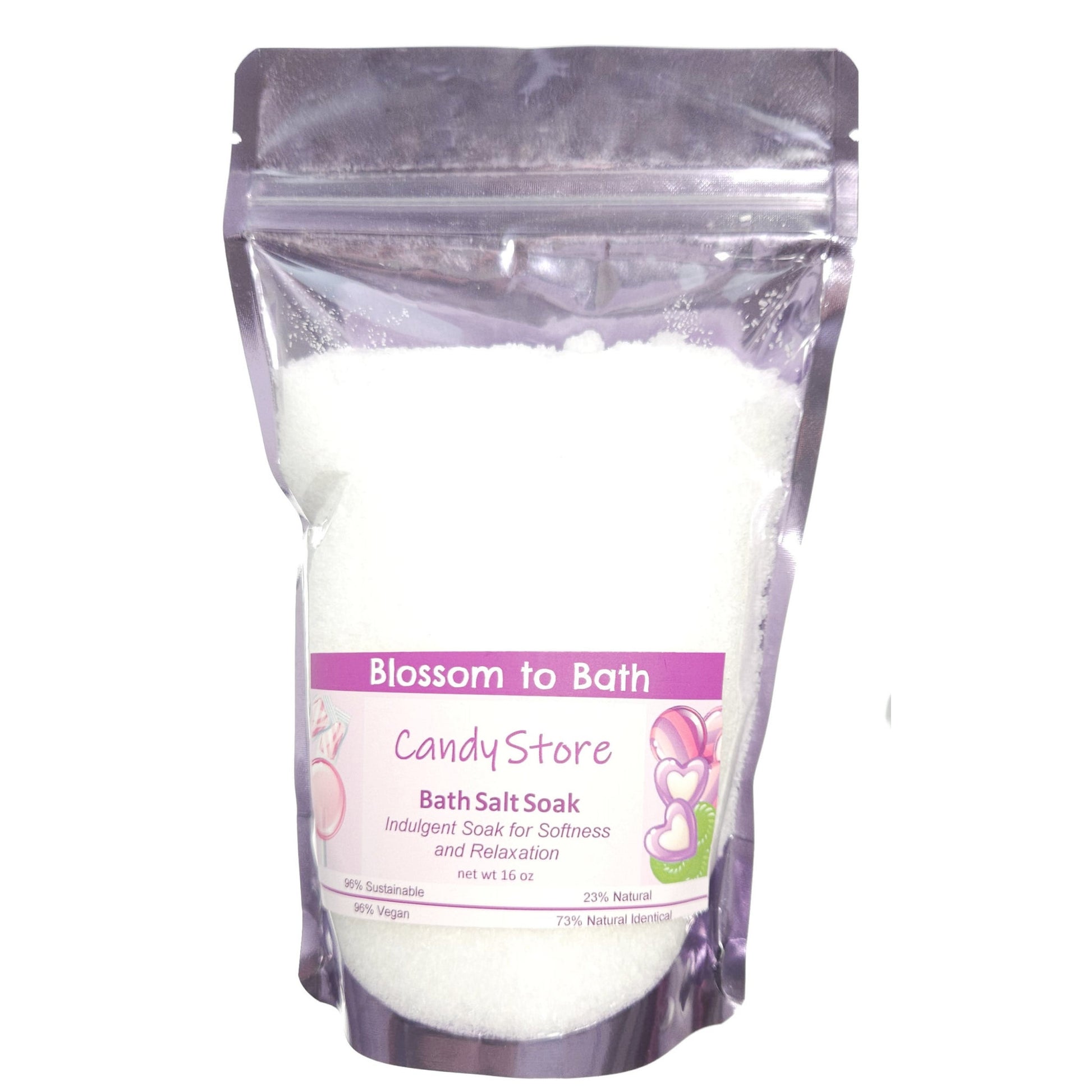 Buy Blossom to Bath Candy Store Bath Salt Soak from Flowersong Soap Studio.  Scented epsom salts for a luxurious soaking experience  A nostalgic fragrance has pops of sweet fruity bubbles on a bed of spun sugar and vanilla bean.