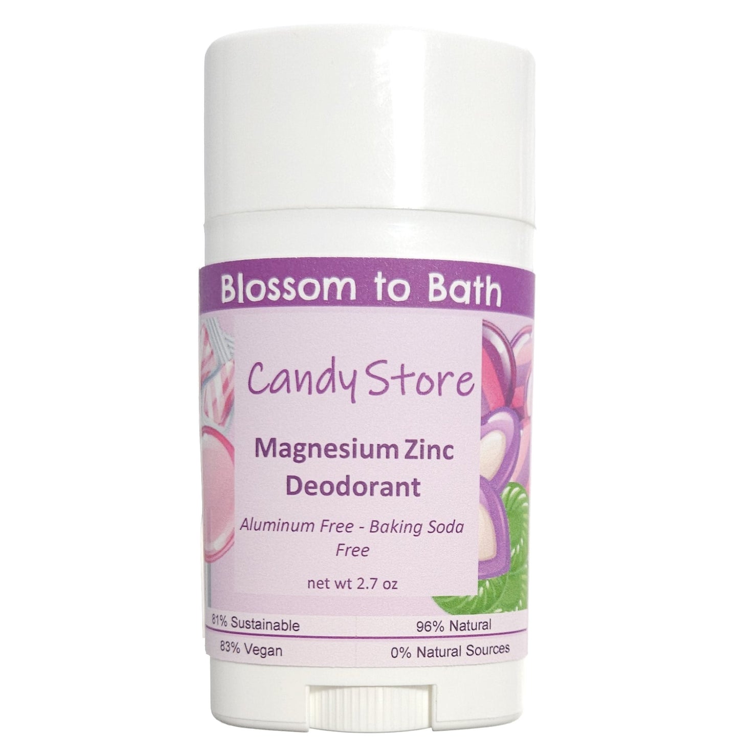 Buy Blossom to Bath Candy Store Magnesium Zinc Deodorant from Flowersong Soap Studio.  Long lasting protection made from organic botanicals and butters, made without baking soda, tested in the Arizona heat  A nostalgic fragrance has pops of sweet fruity bubbles on a bed of spun sugar and vanilla bean.