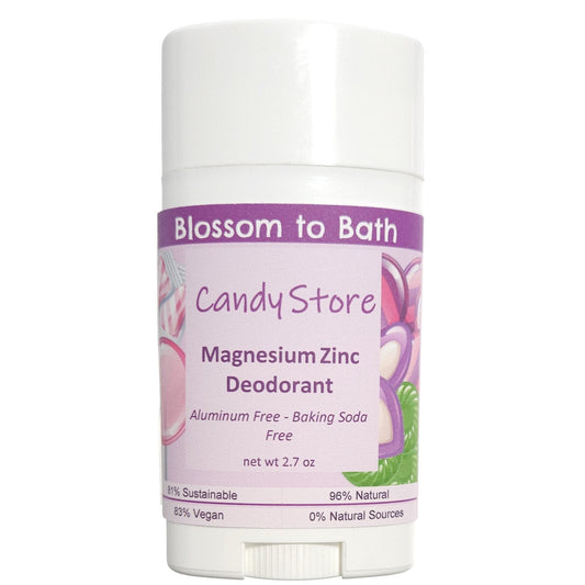 Buy Blossom to Bath Candy Store Magnesium Zinc Deodorant from Flowersong Soap Studio.  Long lasting protection made from organic botanicals and butters, made without baking soda, tested in the Arizona heat  A nostalgic fragrance has pops of sweet fruity bubbles on a bed of spun sugar and vanilla bean.